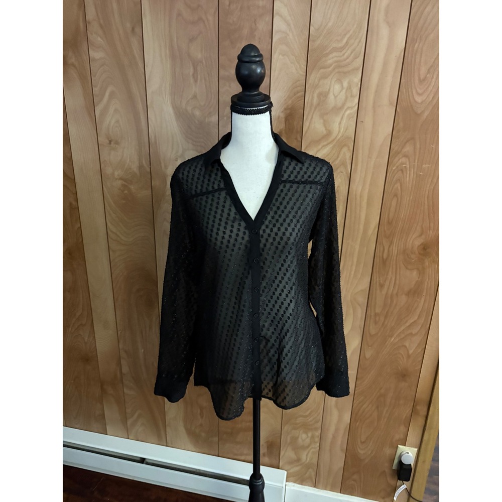 Express Womens Black Sheer Metallic Clip Dot Button Down Blouse Small